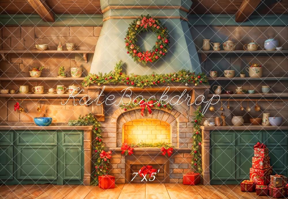 Kate Fireplace Kitchen Christmas Backdrop Designed by Chain Photography