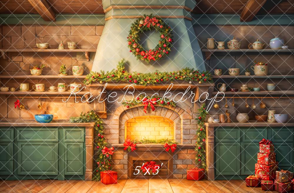 Kate Fireplace Kitchen Christmas Backdrop Designed by Chain Photography