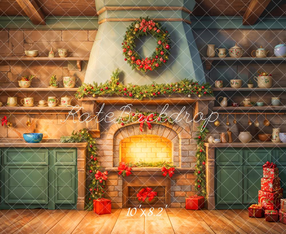 Kate Fireplace Kitchen Christmas Backdrop Designed by Chain Photography