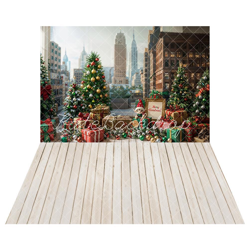 Kate Outdoor Christmas City Backdrop+Light Wood Grain Floor Backdrop