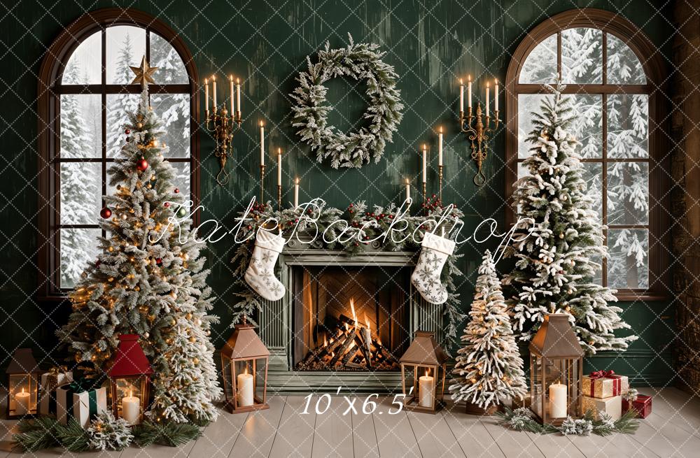 Kate Christmas Backdrop Green Fireplace Window Designed by Emetselch