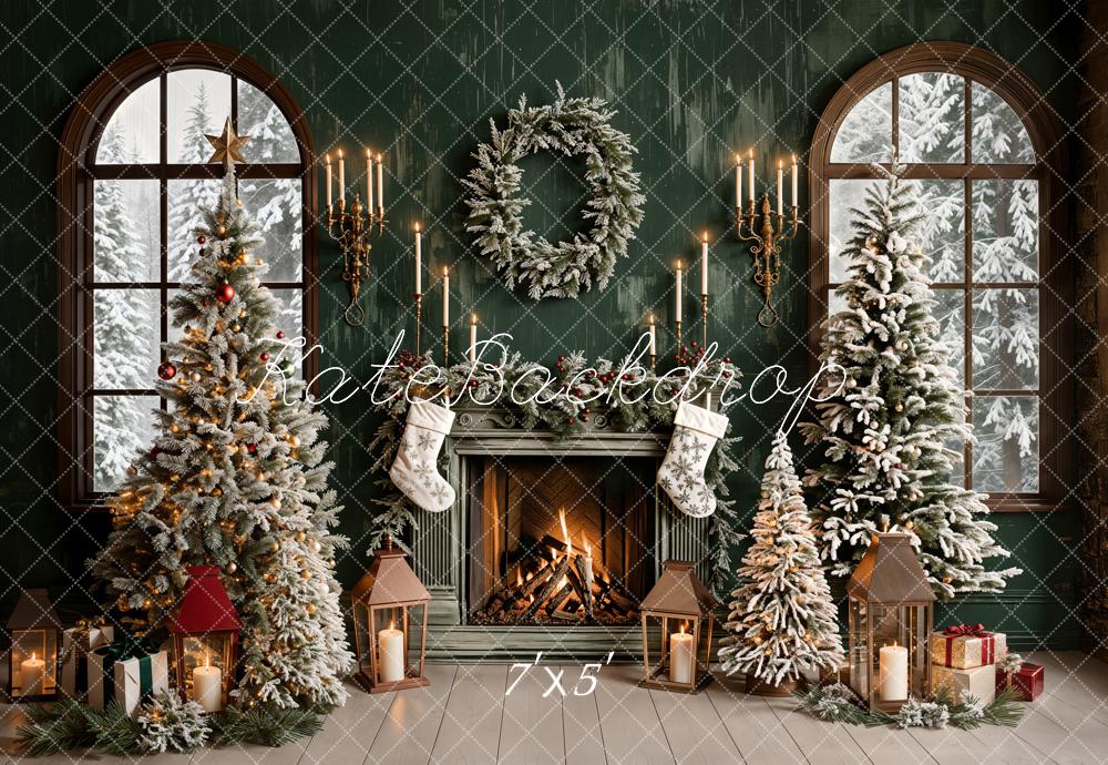 Kate Christmas Backdrop Green Fireplace Window Designed by Emetselch