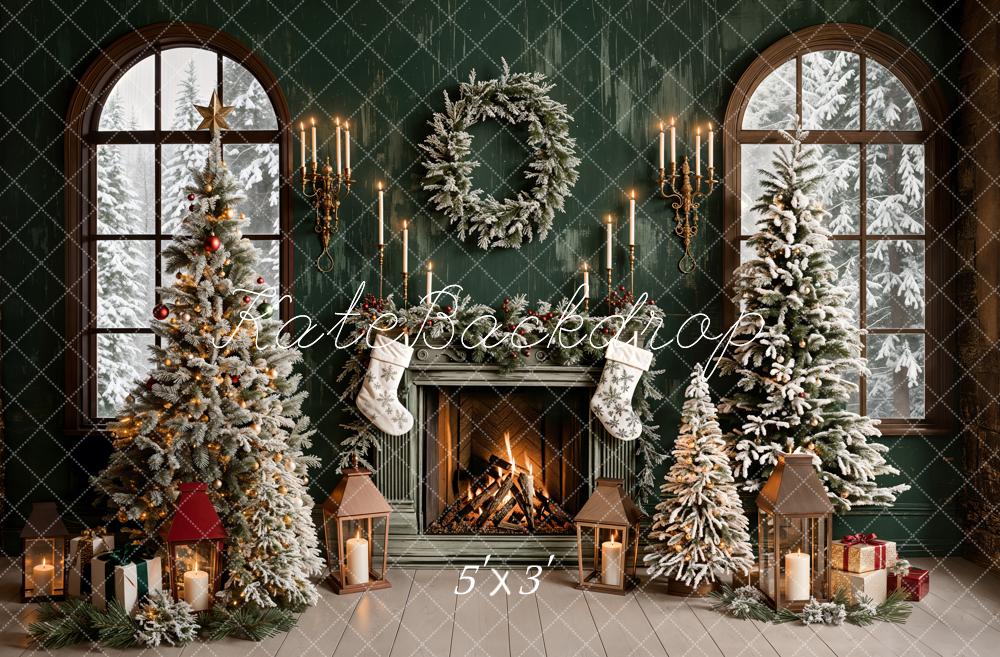 Kate Christmas Backdrop Green Fireplace Window Designed by Emetselch