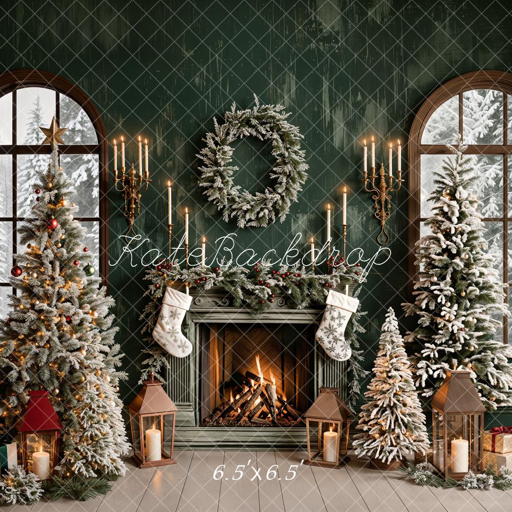 Kate Christmas Backdrop Green Fireplace Window Designed by Emetselch