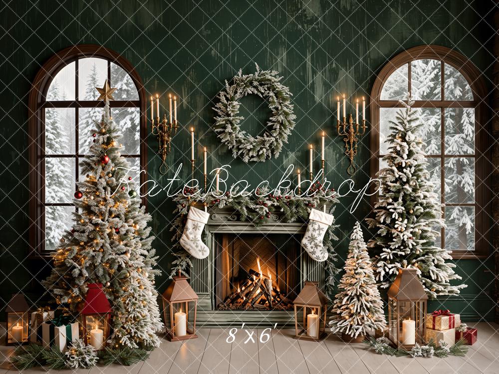 Kate Christmas Backdrop Green Fireplace Window Designed by Emetselch