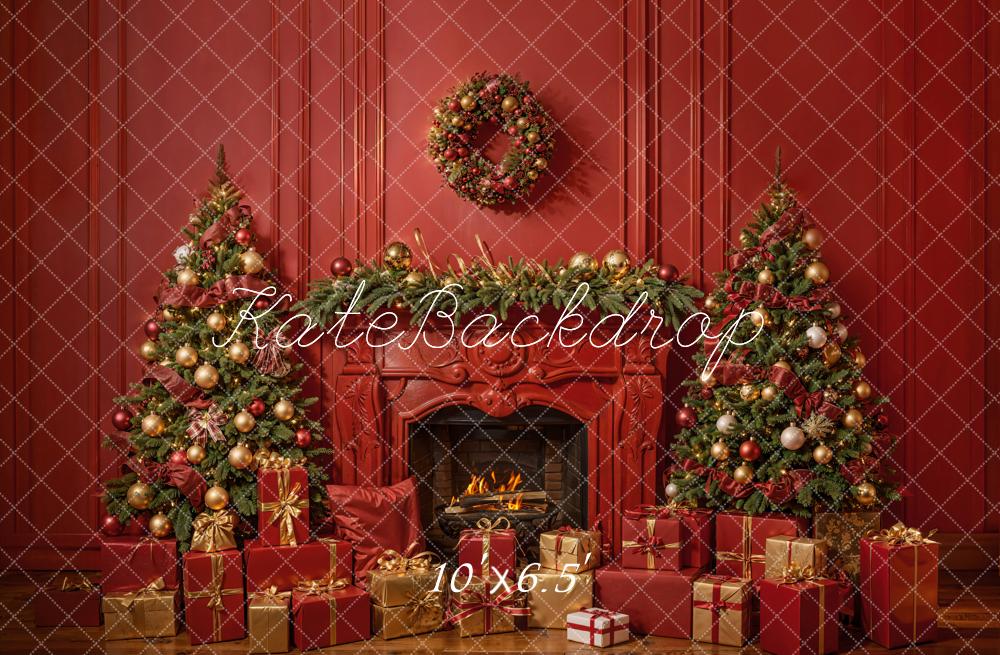 Kate Christmas Fireplace Red Wall Backdrop Designed by Emetselch