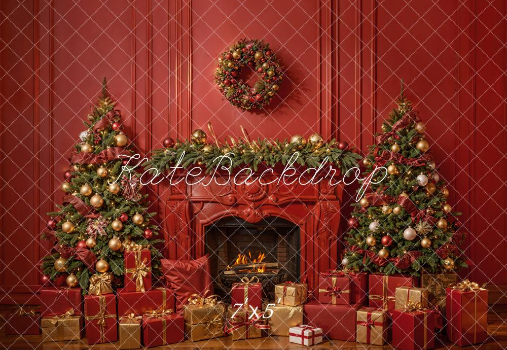 Kate Christmas Fireplace Red Wall Backdrop Designed by Emetselch