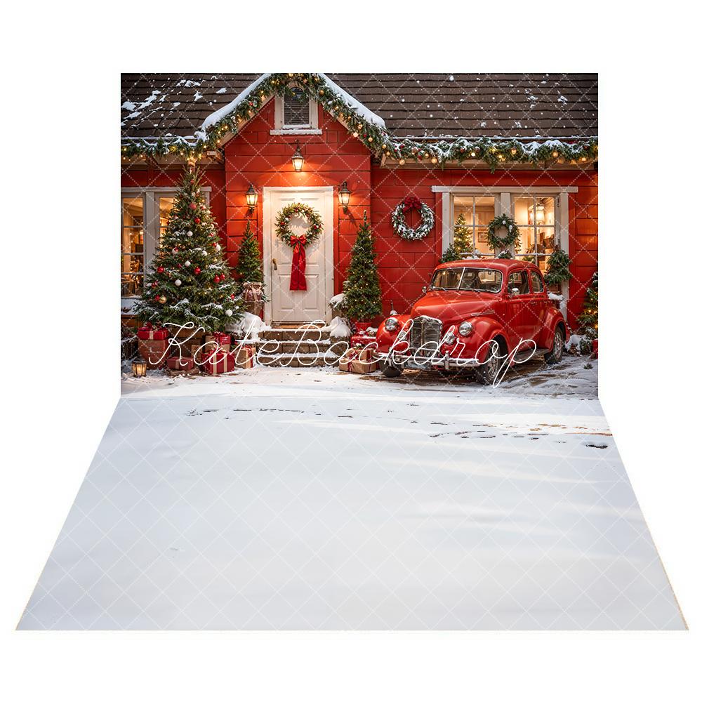 Kate Red Christmas House Truck Backdrop+White Snow Floor Backdrop