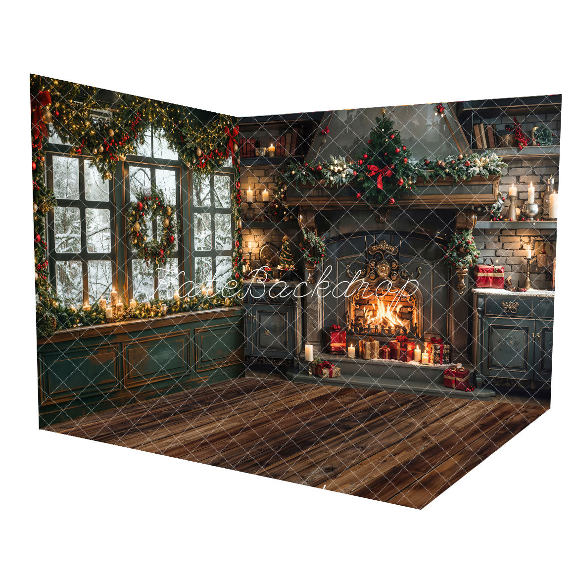 Kate Christmas Fireplace Window Candle Flame Snow Winter Room Set(8ftx8ft&10ftx8ft&8ftx10ft)