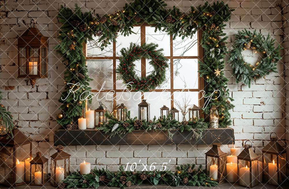 Kate White Brick Wall Christmas Wreath Backdrop Designed by Emetselch