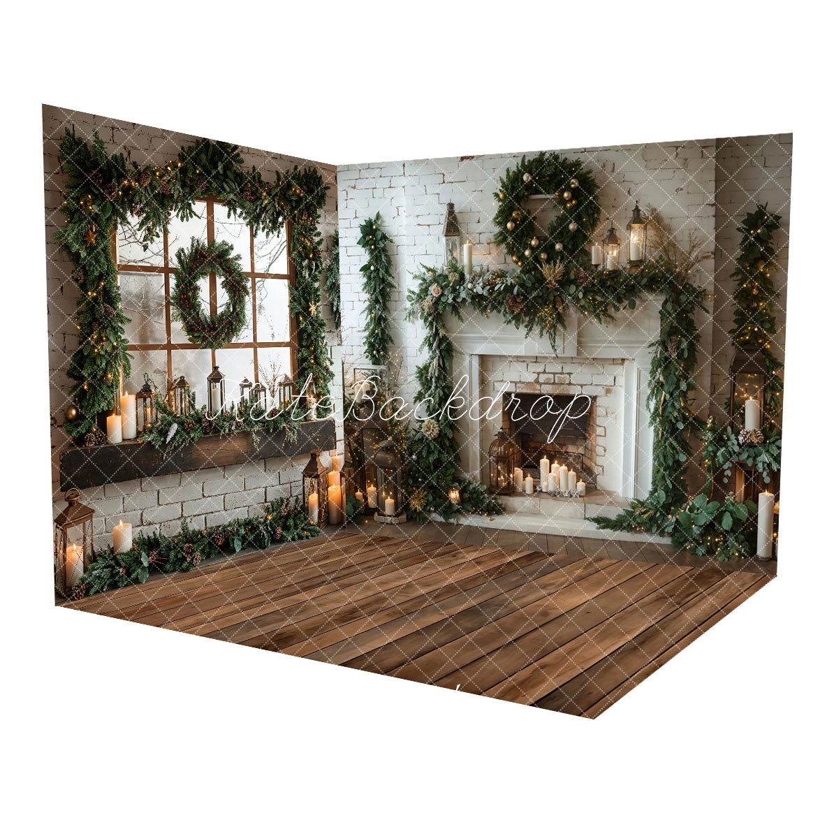 Kate Christmas White Brick Fireplace Window Room Set(8ftx8ft&10ftx8ft&8ftx10ft)