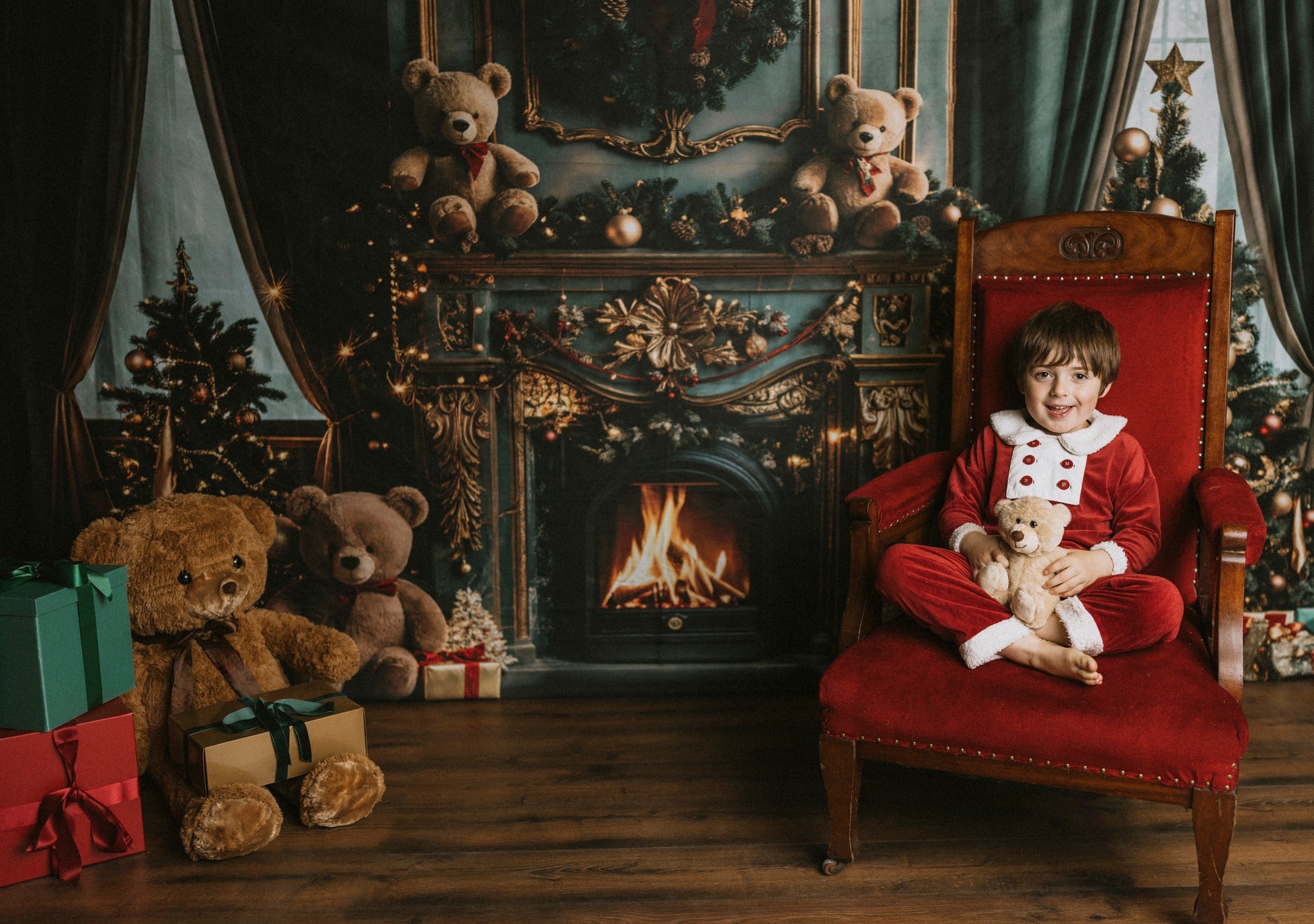 Kate Christmas Green Fireplace Teddy Bear Backdrop Designed by Emetselch