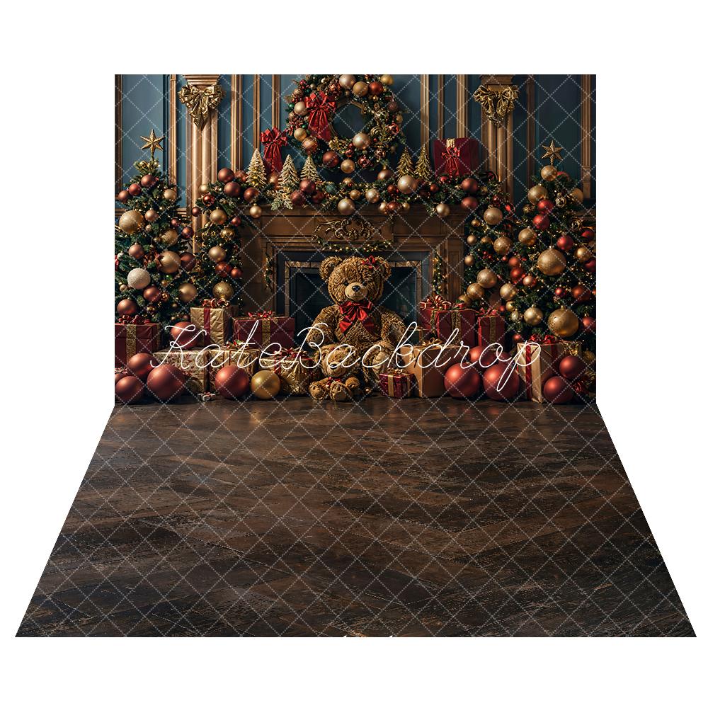 Kate Christmas Gitf Fireplace Bear Backdrop+Old Wooden Floor Backdrop