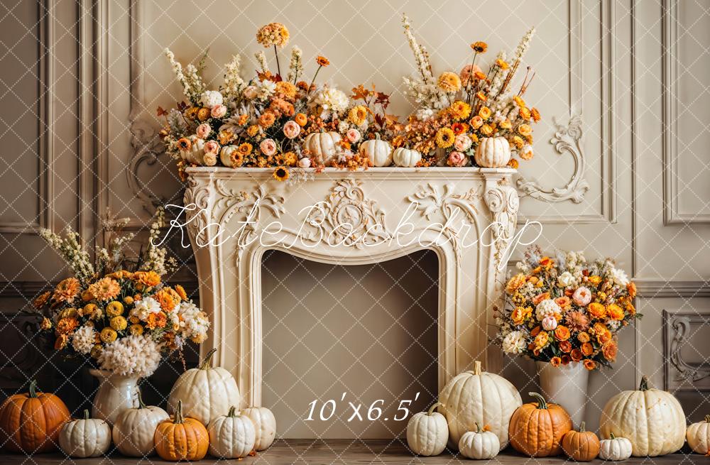 Kate Autumn Pumpkin Floral Fireplace Backdrop Designed by Emetselch