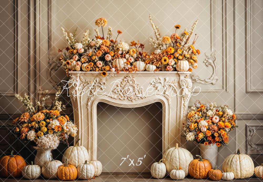 Kate Autumn Pumpkin Floral Fireplace Backdrop Designed by Emetselch