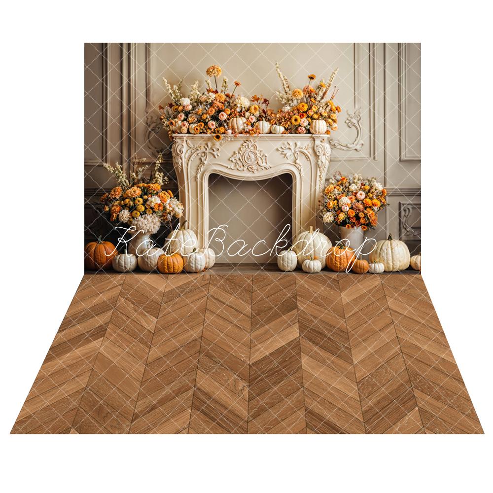 Kate Fall Pumpkin Fireplace Backdrop+Wood Floor Backdrop