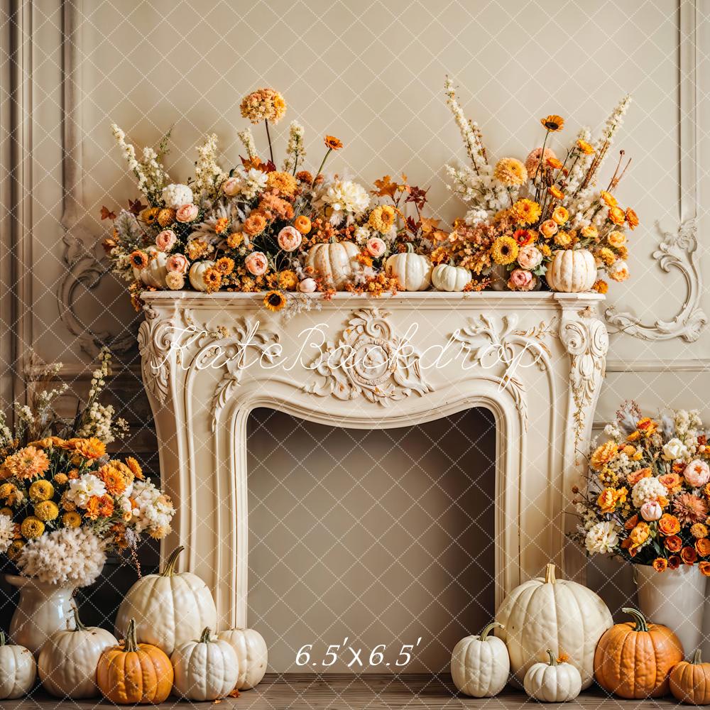 Kate Autumn Pumpkin Floral Fireplace Backdrop Designed by Emetselch