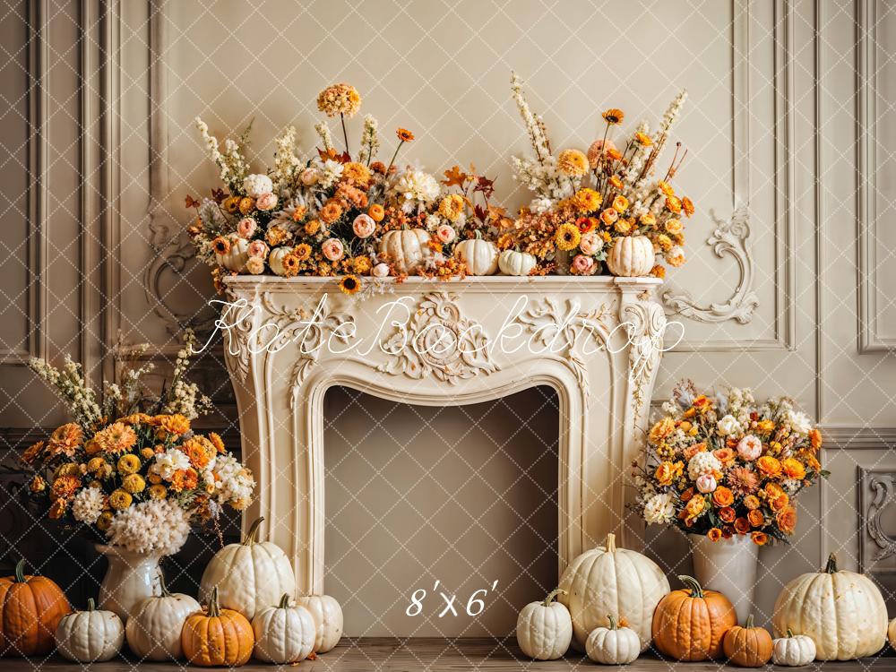 Kate Autumn Pumpkin Floral Fireplace Backdrop Designed by Emetselch