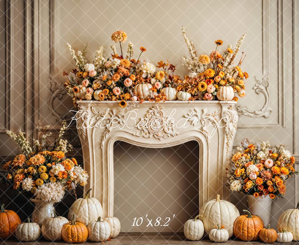 Kate Autumn Pumpkin Floral Fireplace Backdrop Designed by Emetselch