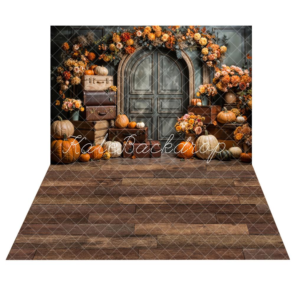 Kate Fall Pumpkin Blossom Suitcase Backdrop+Wood Floor Backdrop