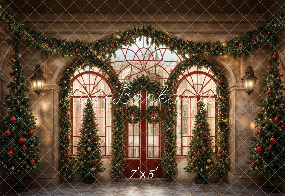 Kate Christmas Green Plant Red Arched Door Backdrop Designed by Emetselch