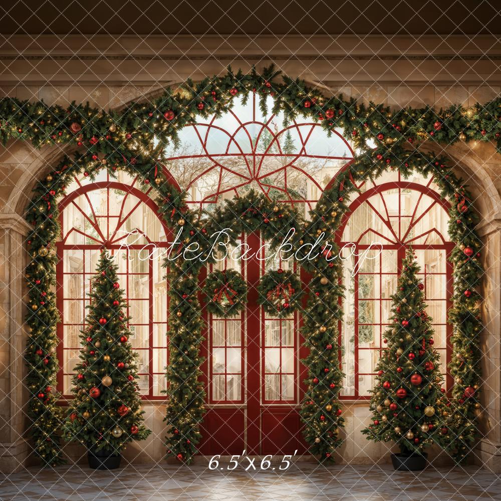 Kate Christmas Green Plant Red Arched Door Backdrop Designed by Emetselch