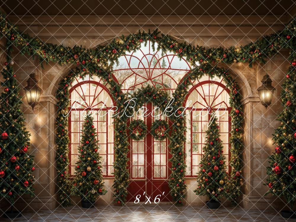 Kate Christmas Green Plant Red Arched Door Backdrop Designed by Emetselch