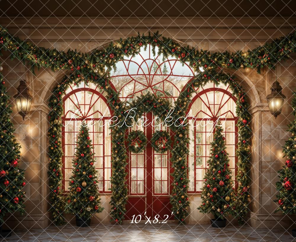 Kate Christmas Green Plant Red Arched Door Backdrop Designed by Emetselch