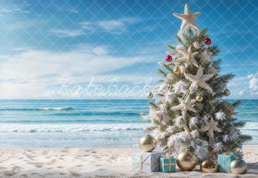 Kate Blue Sea Beach Christmas Tree Backdrop Designed by Emetselch