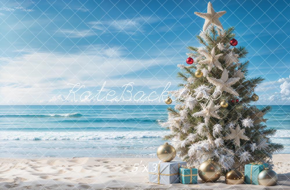 Kate Blue Sea Beach Christmas Tree Backdrop Designed by Emetselch