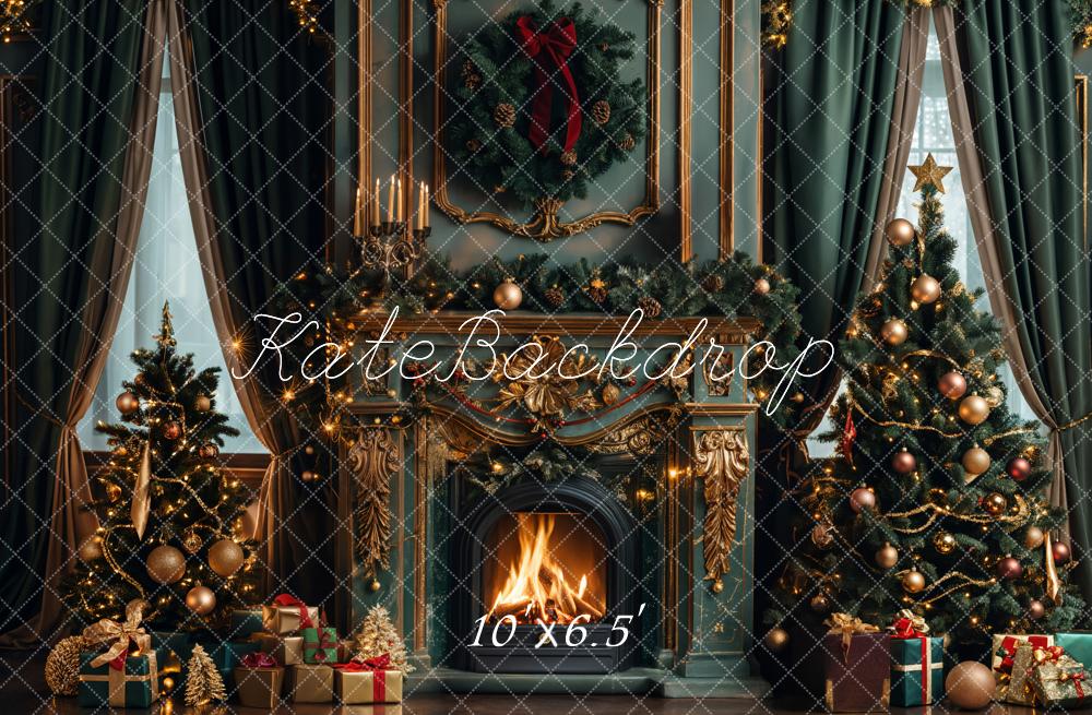 Kate Christmas Green Retro Fireplace Backdrop Designed by Emetselch