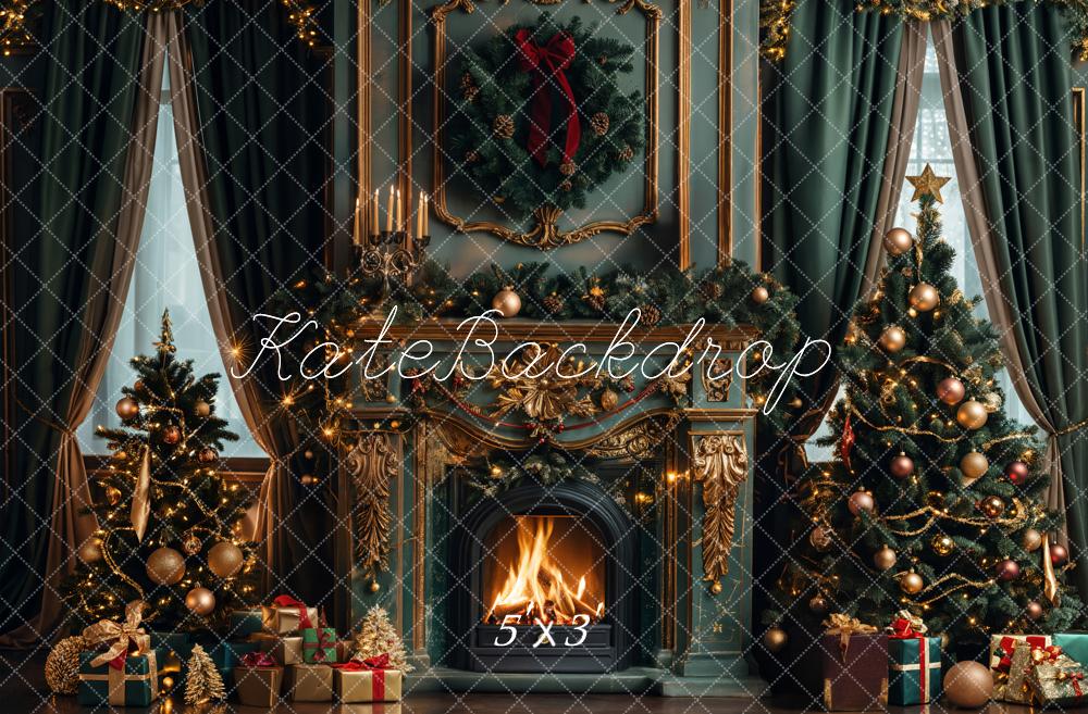 Kate Christmas Green Retro Fireplace Backdrop Designed by Emetselch