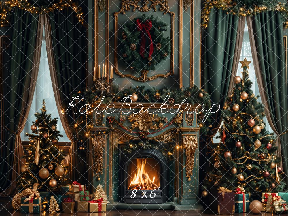 Kate Christmas Green Retro Fireplace Backdrop Designed by Emetselch