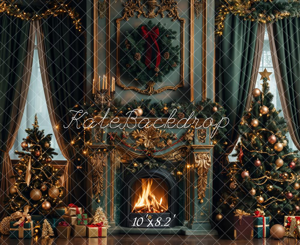 Kate Christmas Green Retro Fireplace Backdrop Designed by Emetselch