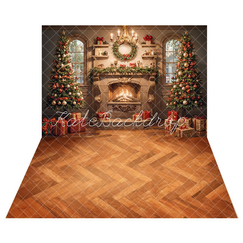 Kate Christmas Tree Fireplace Interior Backdrop+Wood Floor Backdrop