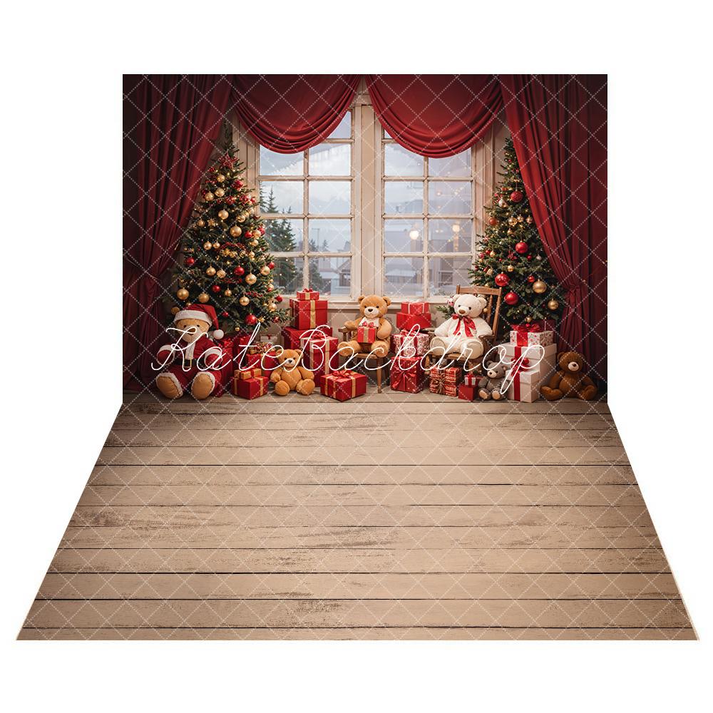 Kate Christmas Gift Bear Red Curtain Backdrop+Wood Floor Backdrop