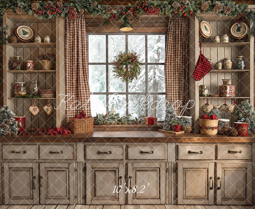 Kate Christmas Retro Brown Kitchen Backdrop Designed by Emetselch