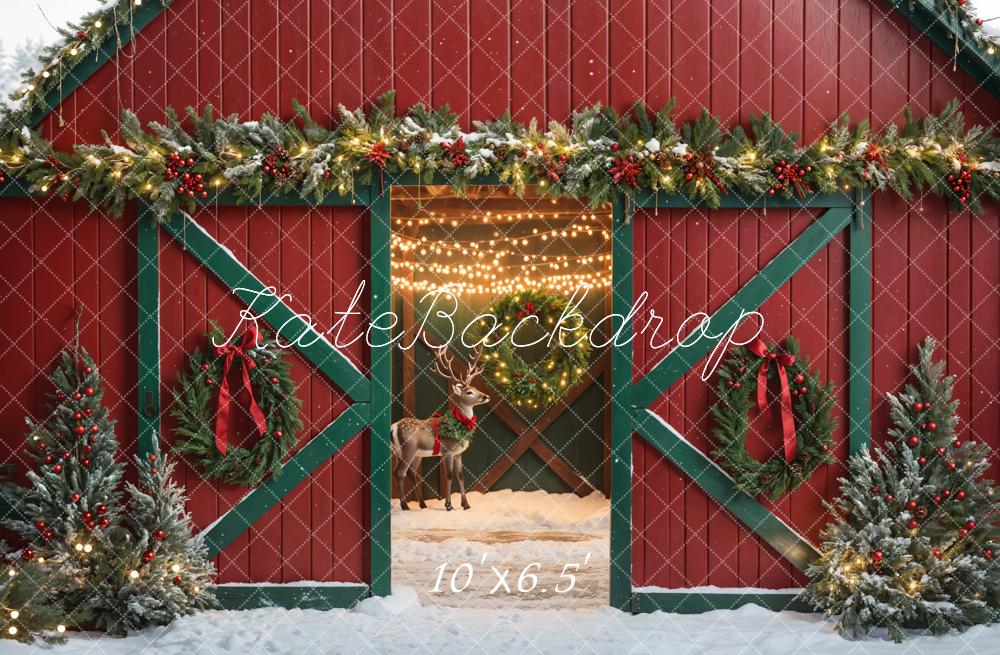 Kate Christmas Red House Elk Snow Backdrop Designed by Emetselch