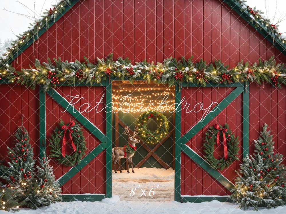 Kate Christmas Red House Elk Snow Backdrop Designed by Emetselch