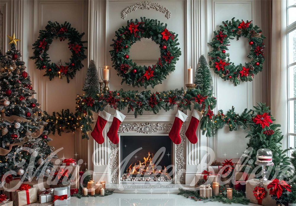 Kate White Christmas Wreath Fireplace Backdrop Designed by Mini MakeBelieve