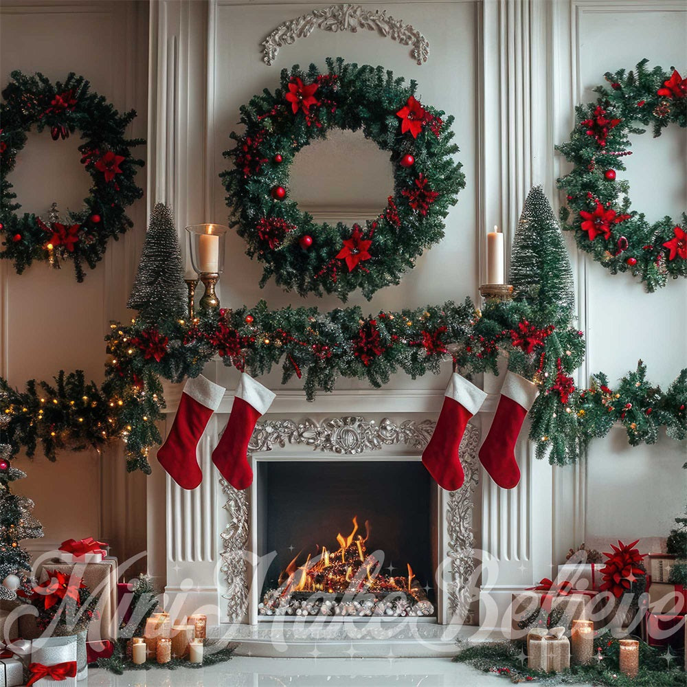 Kate White Christmas Wreath Fireplace Backdrop Designed by Mini MakeBelieve