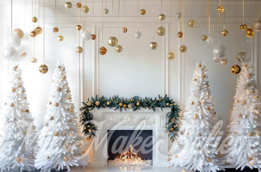 Kate Christmas White Interior Gold Baubles Backdrop Designed by Mini MakeBelieve