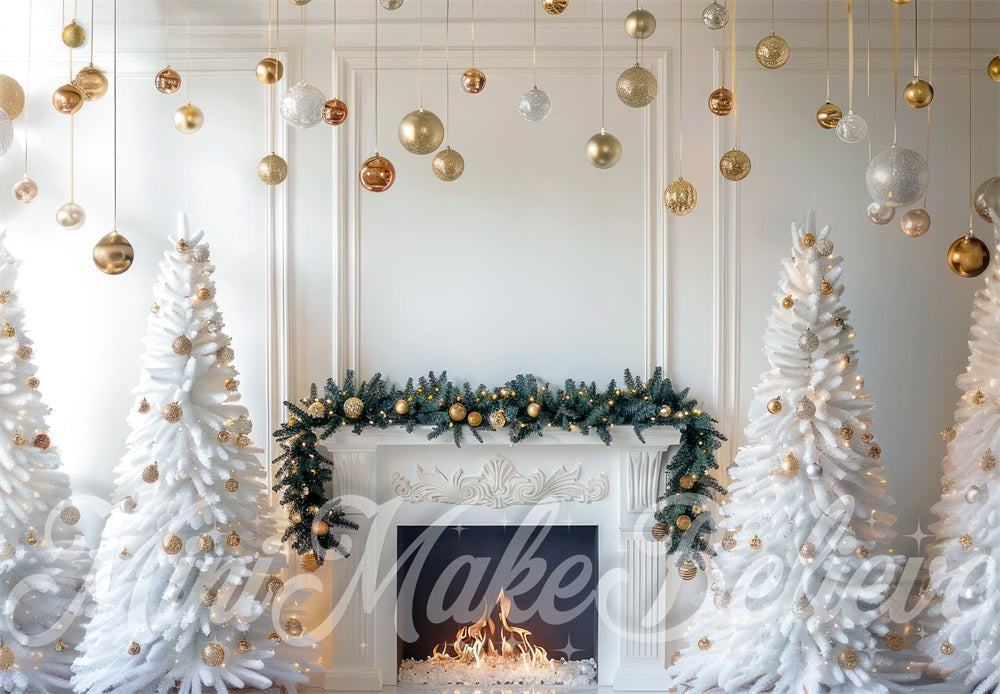 Kate Christmas White Interior Gold Baubles Backdrop Designed by Mini MakeBelieve