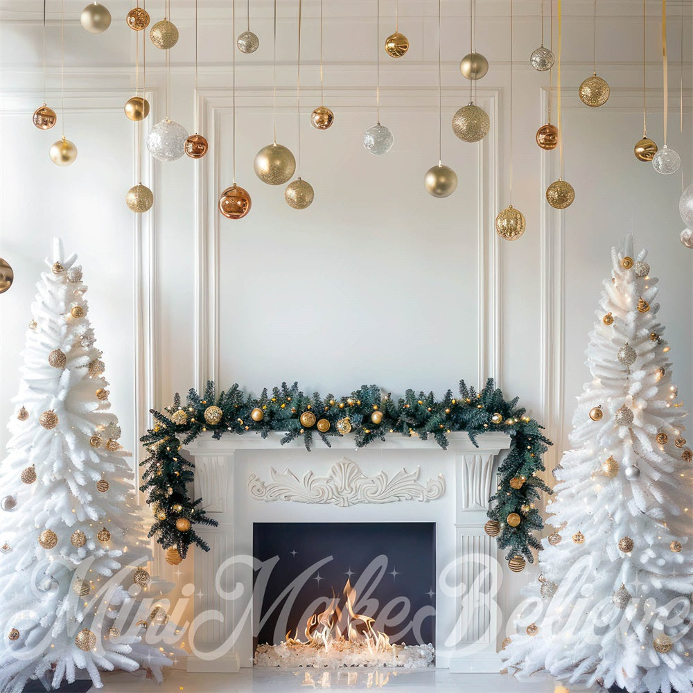 Kate Christmas White Interior Gold Baubles Backdrop Designed by Mini MakeBelieve