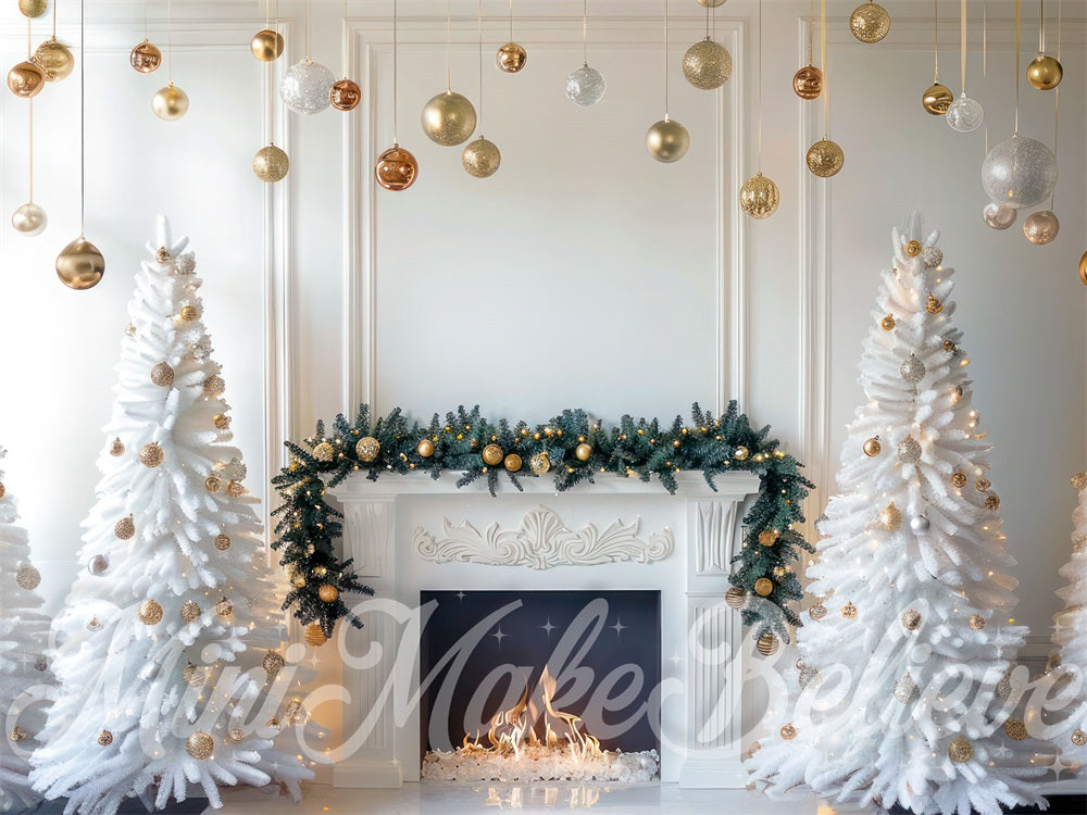 Kate Christmas White Interior Gold Baubles Backdrop Designed by Mini MakeBelieve