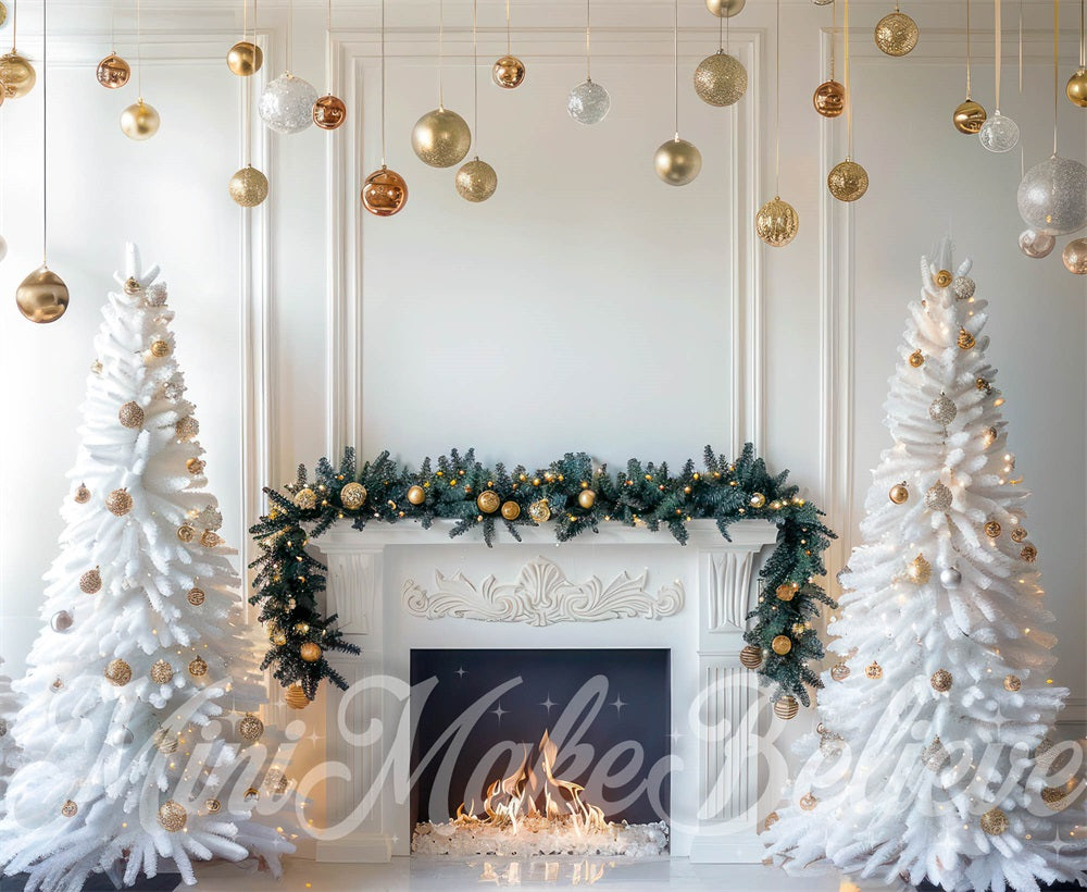 Kate Christmas White Interior Gold Baubles Backdrop Designed by Mini MakeBelieve