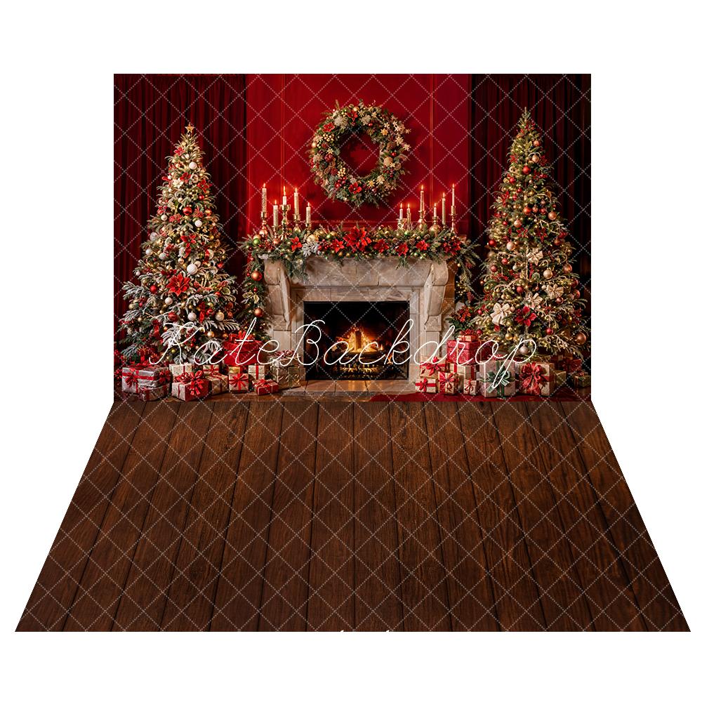 Kate Red Christmas Tree Garland Fireplace Backdrop+Wood Floor Backdrop