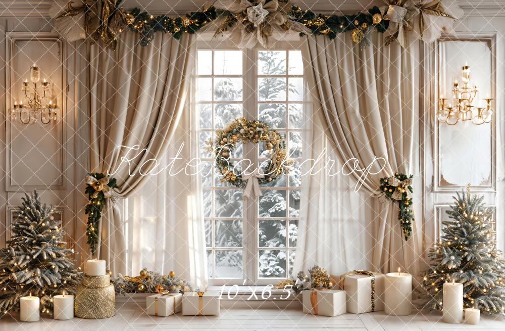 Kate Christmas Beige Curtain White Framed Window Backdrop Designed by Emetselch