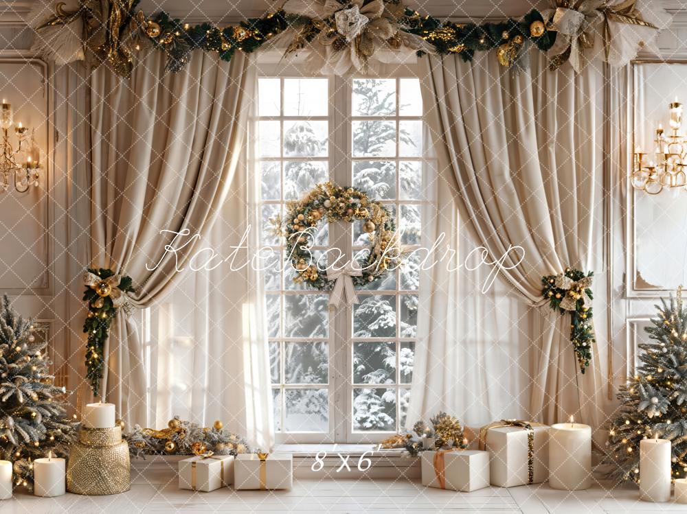 Kate Christmas Beige Curtain White Framed Window Backdrop Designed by Emetselch