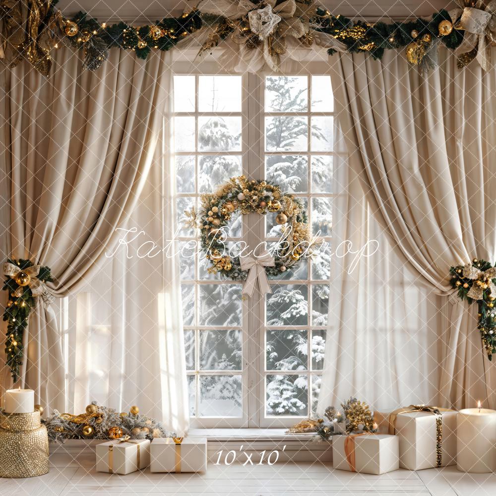 Kate Christmas Beige Curtain White Framed Window Backdrop Designed by Emetselch